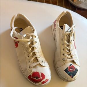 Frida Kahlo and Floral White Sneakers with Red Accents